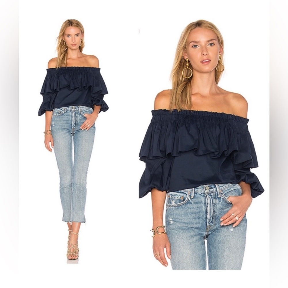 Alexis Barbie navy ruffle off the shoulder top